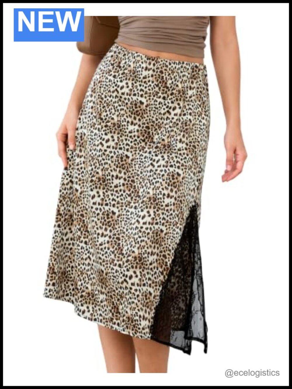 Satin Leopard Print A-Line Midi Skirt with Lace Slit High Waist